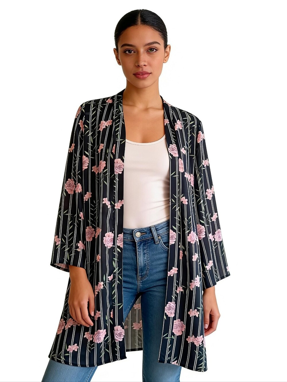 JORJA Women's Kimono Black Pink Striped Floral Sheer Long MEDIUM